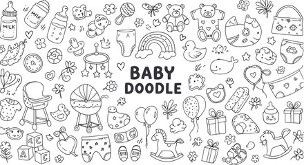 Hand drawn baby doodle icon collection with toys, clothes, bottles, and accessories, black and white vector set for nursery, design, printing, scrapbooking, and decoration.