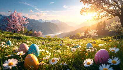 Easter eggs with spring meadow, and sunrise. (1)