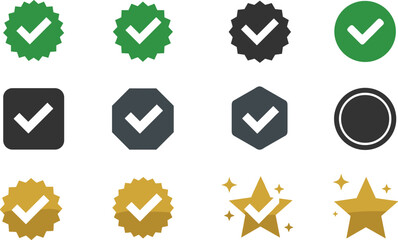 Check mark badge icons set, green verified symbol, golden award star, flat design ticks, approved vector label, certification logo, success status, validation graphic elements.
