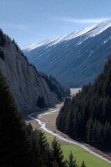 Mountain valley scene with snow-capped peaks