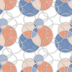A seamless modern geometric pattern featuring overlapping circles in soft terracotta orange, matte blue and cream, creating a stylish and abstract look.