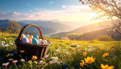 Easter eggs with spring meadow, and sunrise.