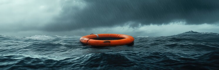 Orange life raft in turbulent stormy sea