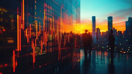 Stock market business and trading concept with digital screen with financial chart graphs and candlestick and group of people in office at sunset, double exposure, Dynamic Stock Market Data Overlay