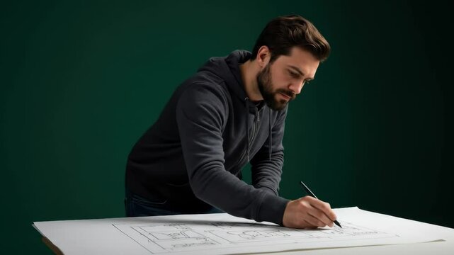 Man Sitting and Writing Notes on Paper with Thoughtful Expression