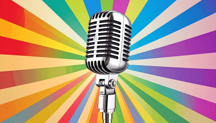 Retro microphone on a vibrant rainbow background, perfect for karaoke night or recording your next hit. Sing your heart out!