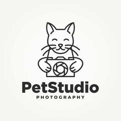 minimalist cat holding camera line art icon logo vector illustration design. simple modern pet photography or pet studio logo concept