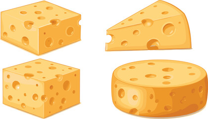 Collection of different cheese types isolated on white background, including Swiss cheese blocks, cheese wedge, round cheese wheel, dairy food illustration, perfect for culinary design projects