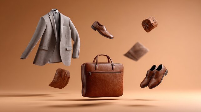 Elegant menswear accessories levitate against a muted background
