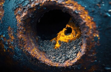 Rusted metal sphere with a dark hole filled with small stones