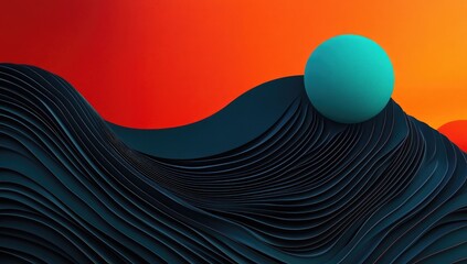 Abstract landscape with dark waves and a teal sphere