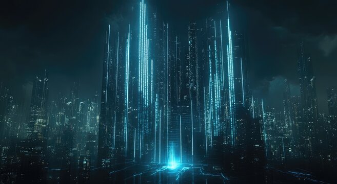 Futuristic city skyline with glowing, vertical lines