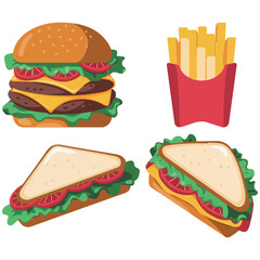 fast food snacks set burger sandwich fries isolated vector illustration