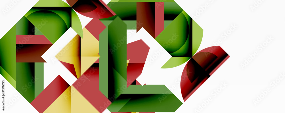 Poster abstract geometric shapes overlap. red, green, yellow hues create dynamic composition. modern design