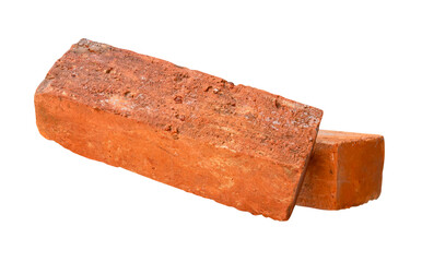 Side view of two cracked old red or orange bricks in stack isolated with clipping path in png file format