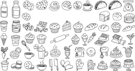 Hand drawn bakery food icon set, sketch style sweets, cookies, cupcakes, bread, dessert, coffee, kitchen tools, baking elements, doodle design for cafe menu illustrations.