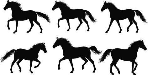Set of black horse silhouettes, galloping running standing walking pose, vector illustration, wild animal icon, equine shape design graphic