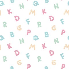 A playful seamless pattern featuring colorful cartoon-style letters scattered on a white background. The letters are in soft pastel shades of pink, blue, green, and yellow, creating a cheerful and chi