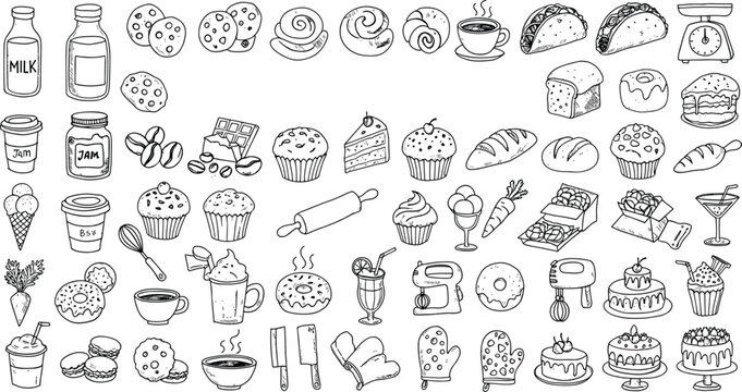 Hand drawn bakery food icon set, sketch style sweets, cookies, cupcakes, bread, dessert, coffee, kitchen tools, baking elements, doodle design for cafe menu illustrations.