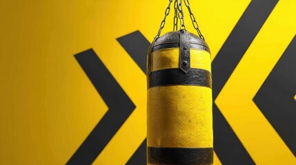 Hanging punching bag against a yellow wall with black accents
