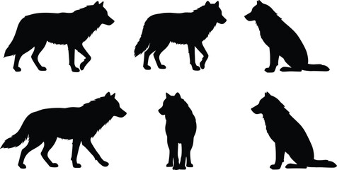 Wolf silhouette collection, wild animal vector, black forest predator illustration, wolf poses set, isolated shapes, wildlife icon, editable design graphic