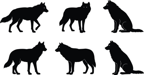 Wolf silhouette set, wild animal vector illustration, black forest predator poses, standing sitting wolves, wildlife clipart, editable design, nature themed