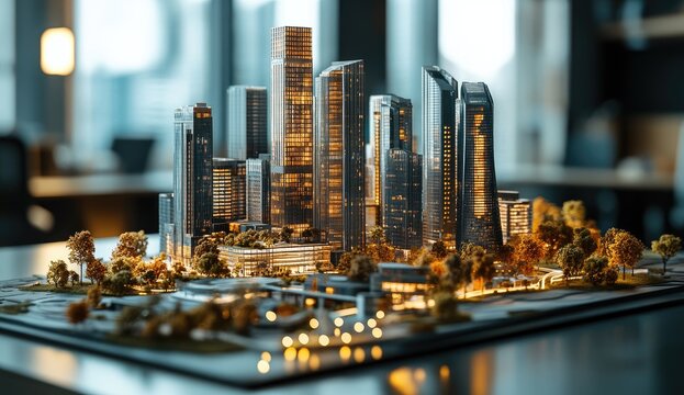 Detailed miniature model of a modern city skyline, showcasing high-rise buildings, landscaping, and illuminated elements