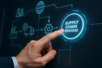 A business hand touches a “Supply Chain Process” hologram with gear, truck and globe flowchart icons. Concept of global logistics.