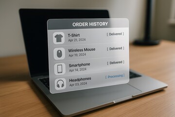 A laptop screen shows an order history list with items like T-Shirt, Mouse and Headphones and delivery status. Concept of e-commerce tracking.

