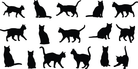 Black cat silhouettes collection, walking and sitting cat poses, vector feline graphic, domestic pet animal icons, editable cat illustration design