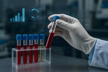 A gloved hand holds a test tube of blood against a backdrop of chart and molecular graphics. Concept of biomedical analysis.