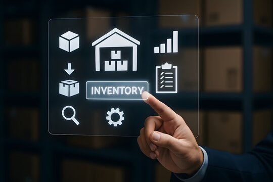 A holographic panel labeled “Inventory” shows warehouse, gear and clipboard icons under a finger press. Concept of stock control.