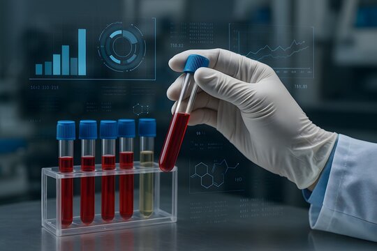 A gloved hand holds a test tube of blood against a backdrop of chart and molecular graphics. Concept of biomedical analysis.

