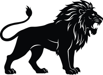 Roaring lion silhouette vector, majestic wild animal, fierce predator illustration, jungle king symbol, powerful feline pose, black lion graphic
