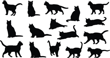 Black cat silhouettes collection, domestic feline vector, cute sitting cat poses, walking cats graphic, pet animal icons, vector illustration pack