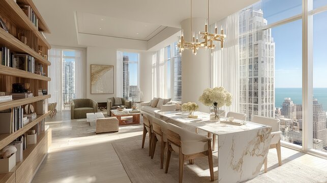 Modern dining room, minimalist-style interior design in a high-rise apartment - Powered by Adobe