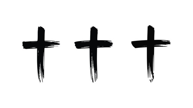 three black brushstroke crosses on white background, minimalist abstract religious symbol reflecting christian faith and spirituality