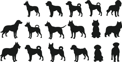 Dog silhouette vector illustration, multiple dog breed poses, black canine icons, pet animal shapes, domestic dog collection, cartoon style graphic