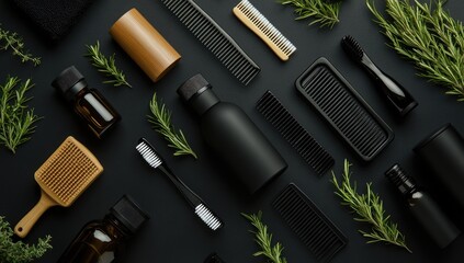 Assorted black and neutral-toned hair care and wellness items arranged on a dark background with sprigs of rosemary