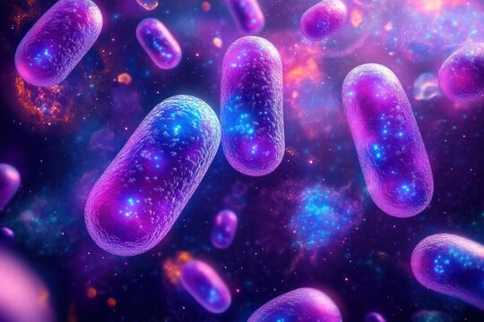 Close-up view of glowing purple and blue microscopic rod-shaped bacteria floating in a vibrant colorful environment