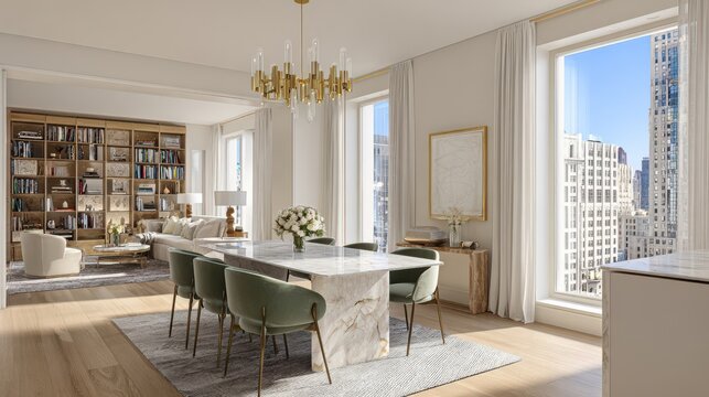 Modern dining room, minimalist-style interior design in a high-rise apartment