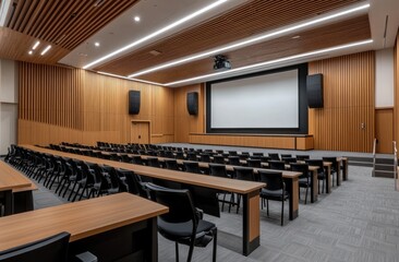 Large auditorium with rows of black chairs and wooden tables