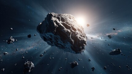 Asteroid field in deep space.  Vast space rocks, cosmic debris, and sunbeams radiate outward