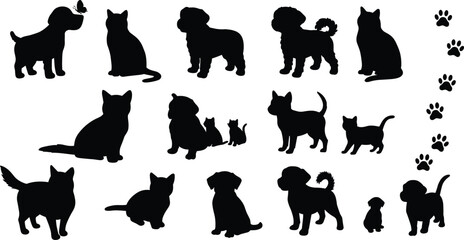 Dog and cat silhouette vector collection, animal poses with paw prints, black pet icons, cute cartoon style, minimal design illustration