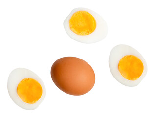 Top view set of raw brown chicken egg and cooked or boiled chicken eggs with egg yolk in three halves isolated on white background with clipping path
