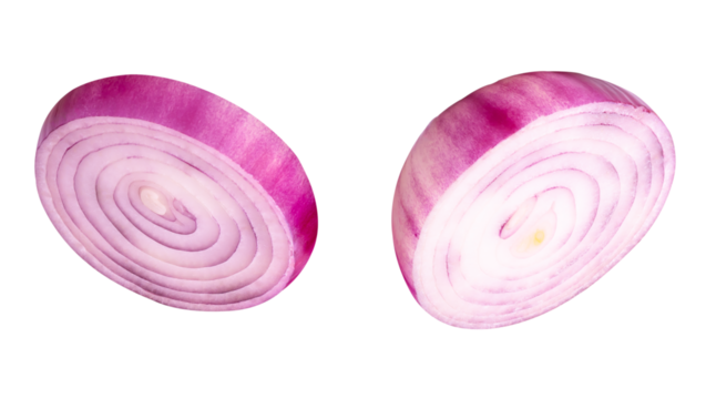 Top view set of fresh red or purple Spanish onion bulb in half and slice in circle shape isolated in png file format - Powered by Adobe