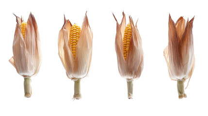 Obraz premium Fresh sweet corn cobs with husks Transparent background, PNG