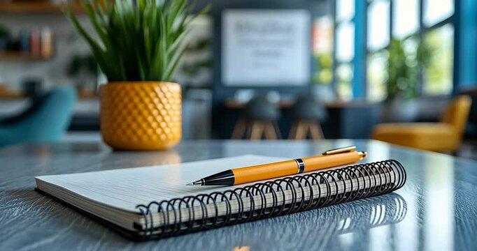 Close-up view of an orange pen resting on a spiral notebook with a grid pattern, set against a blurred background of a modern interior with yellow and teal accents