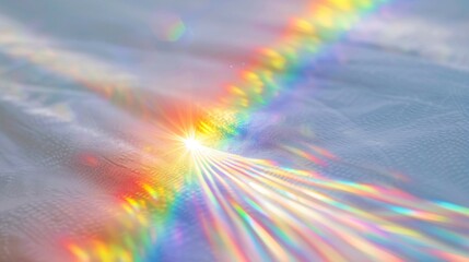 Close-up of glowing prism refracting sunlight into vibrant color bands on minimalist white surface, symbolizing wireless frequency allocation and spectrum analysis.