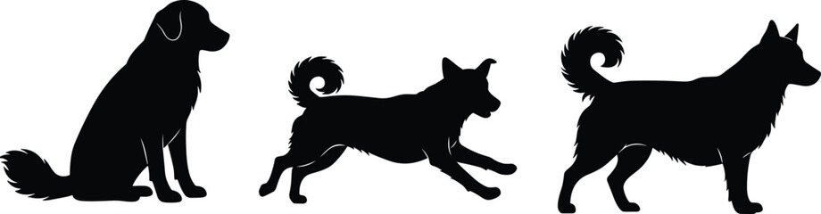 Dog silhouette vector illustration, sitting running standing dogs, domestic pet clipart, black dog shapes, animal design bundle for artwork use